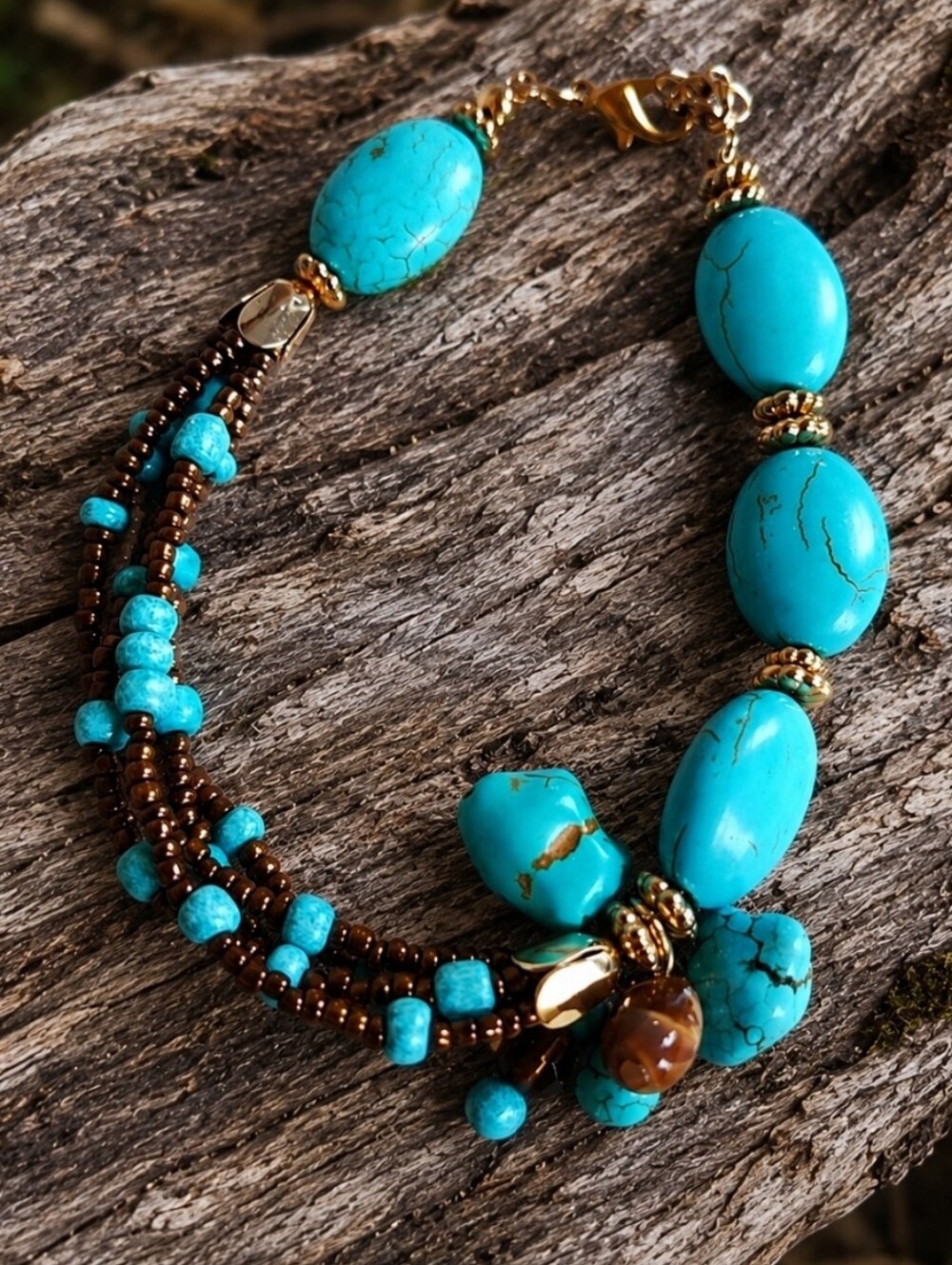 Howlite Faux Turquoise Color Veining Brown Copper Seed Beads Bracelet Anklet EUC
